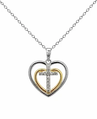 Diamond Double Heart Cross Pendant Necklace (1/10 ct. t.w.) in Sterling Silver & 14k Gold-plated Sterling Silver