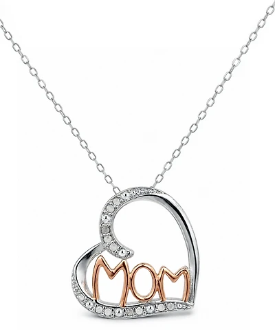 Diamond Mom Heart 18" Pendant Necklace (1/10 ct. t.w.) in Sterling Silver & 18k Rose Gold-Plate