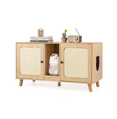 Ruie Cat Litter Box Enclosure with Double Rooms and 2 Sisal Scratching Mats