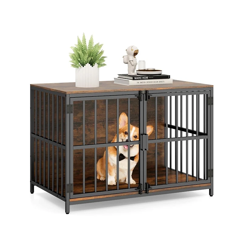 Ruie Dog Crate Furniture Kennel End Table with Dual Lockable Double Doors