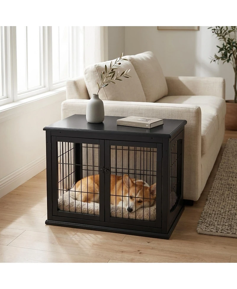 Ruie Wooden Dog Crate Furniture End Table with Two Lockable Doors