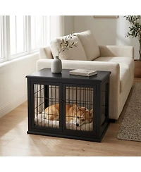 Ruie Wooden Dog Crate Furniture End Table with Two Lockable Doors