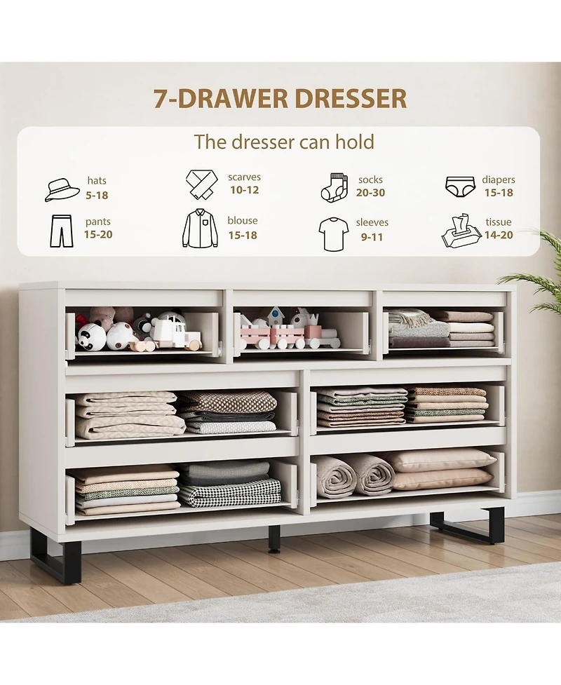 55" Wide 7-Drawer Dresser, Freestanding Storage Chest for Bedroom, Living Room & Entryway, White