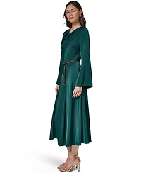 Satin Long Sleeve Cowl Neck Belted A-Line Dress