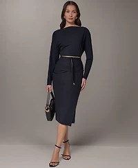 Two-Piece Long Sleeve Draped Top & Pencil Skirt Set with Belt