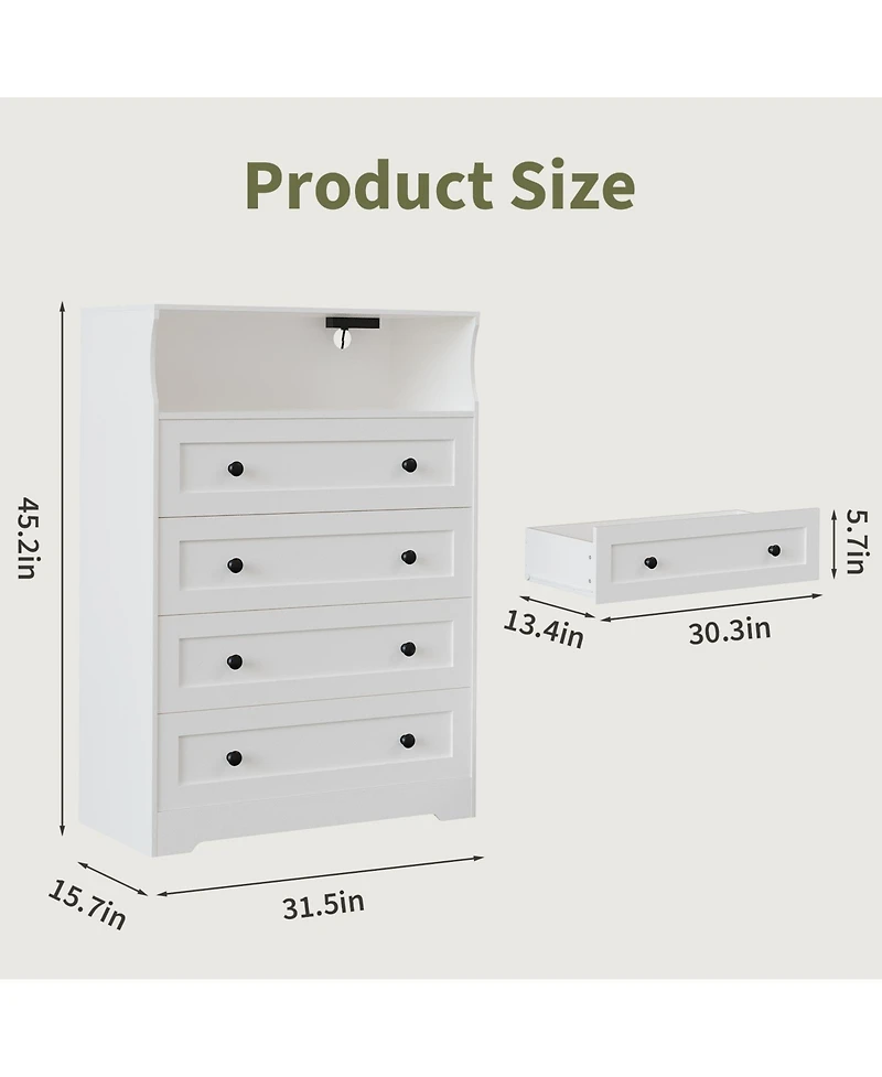 4-Drawer Wooden Dresser with Led Lights & Charging Station, Modern Nightstand Chest for Bedroom, White