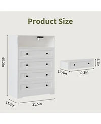 4-Drawer Wooden Dresser with Led Lights & Charging Station, Modern Nightstand Chest for Bedroom, White