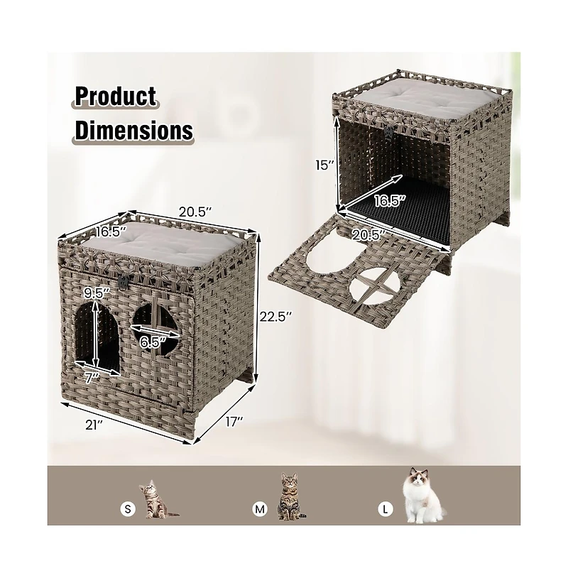 Ruie Foldable 2-Tier Rattan Cat Litter Box Enclosure House with Litter Mat
