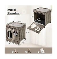Ruie Foldable 2-Tier Rattan Cat Litter Box Enclosure House with Litter Mat