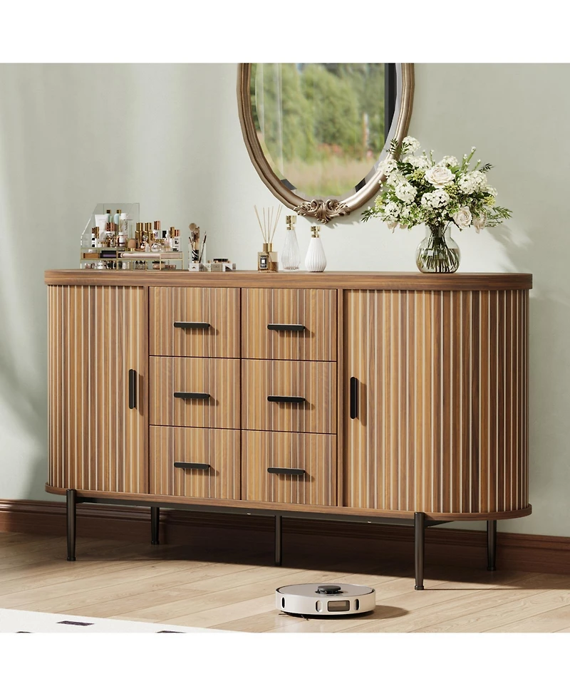 homfan 59 Inch Modern Fluted Sideboard Dresser, Buffet Cabinet with 6 Drawers, 2 Door Cabinets and Built-in Shelves for Home Storage
