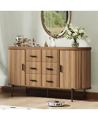 homfan 59 Inch Modern Fluted Sideboard Dresser, Buffet Cabinet with 6 Drawers, 2 Door Cabinets and Built-in Shelves for Home Storage
