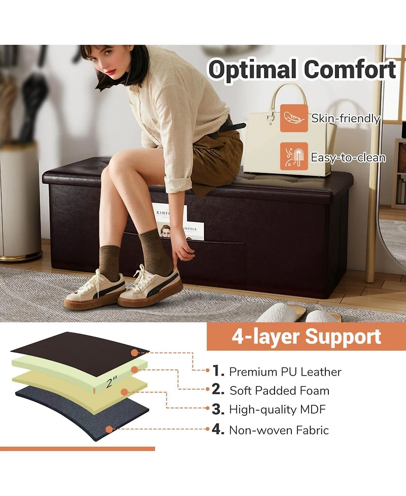 Costway 45''x15''x15'' Large Folding Storage Faux Leather Ottoman Pouffe Box Stool
