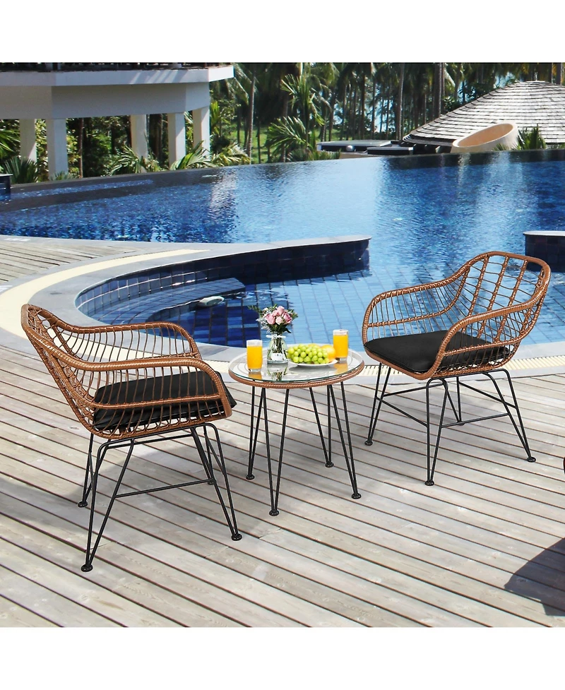 Sugift 3 Pieces Patio Rattan Bistro Set with Cushion