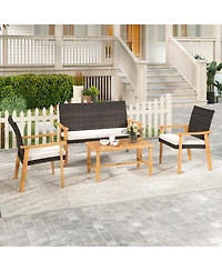 Sugift 4 Piece Patio Furniture Set Pe Rattan Porch Chairs with Acacia Wood Coffee Table and Soft Cushions