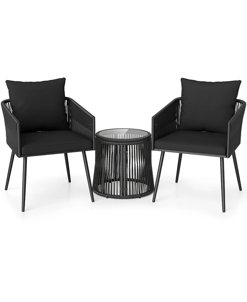Sugift 3 Piece Outdoor Patio Bistro Furniture Set with Cushions and Glass Side Table