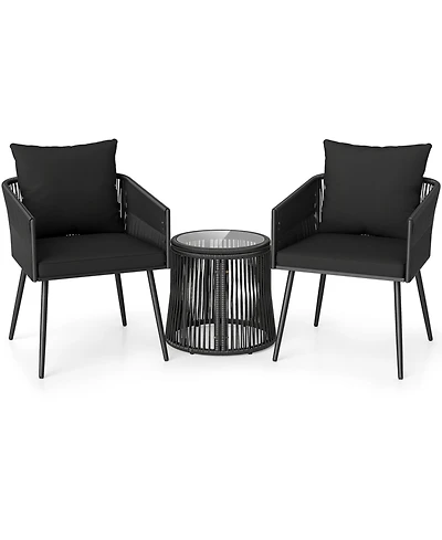 Sugift 3 Piece Outdoor Patio Bistro Furniture Set with Cushions and Glass Side Table