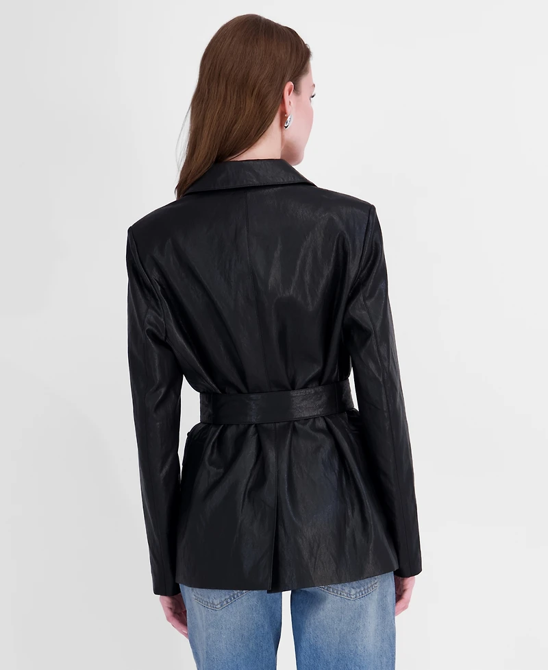 Tahari Women's Belted Faux Leather Trench Jacket