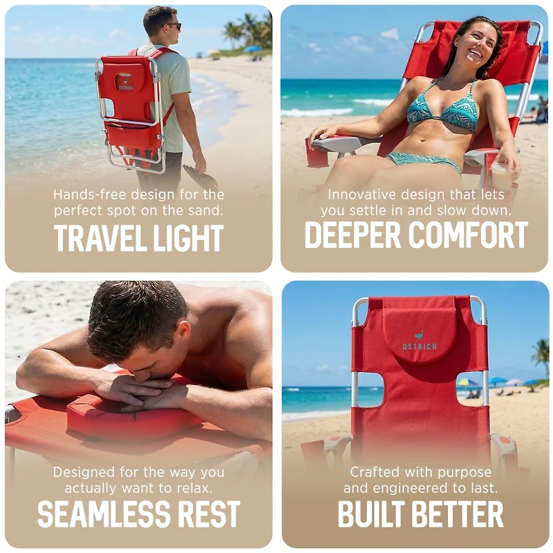 Ostrich The Backpack 3N1 Portable Chair Cooler Bag and Reclining Lounger, Red