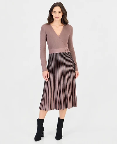Robbie Bee Women's Pleated-Skirt Long-Sleeve Dress