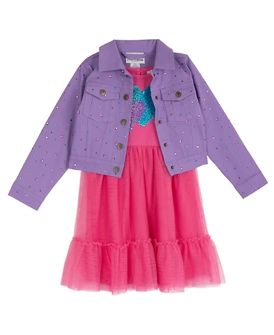 Rare Editions Girls' 2T-6X Sequin Heart Short-Sleeve Dress and Denim Jacket, 2-Piece Set