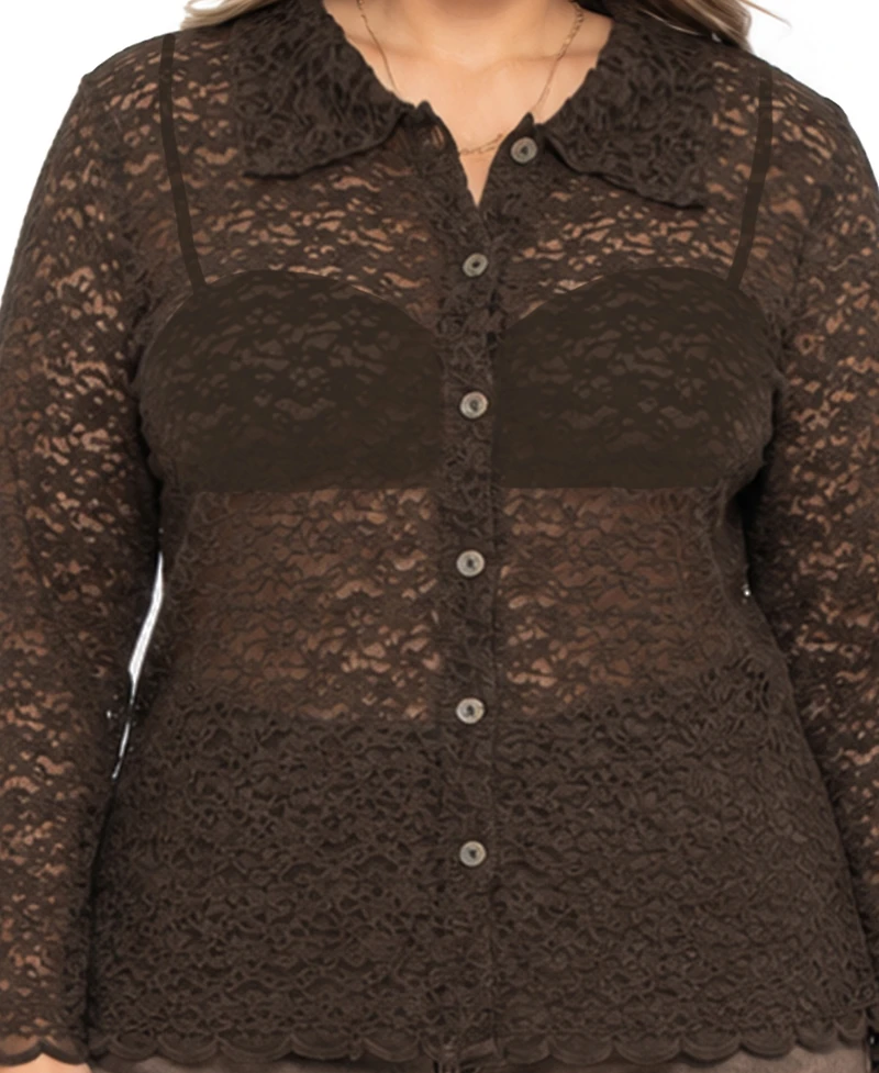 Coin 1804 Plus Floral Edge Lace Button-Front Shirt