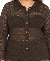 Coin 1804 Plus Floral Edge Lace Button-Front Shirt