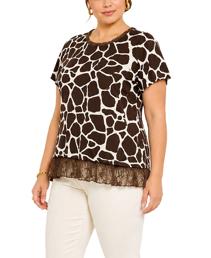 Coin 1804 Plus giraffe Print Lace Pleat Back Top