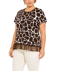 Coin 1804 Plus giraffe Print Lace Pleat Back Top