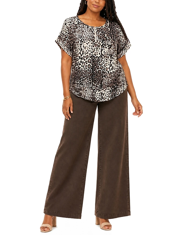 Coin 1804 Plus Leopard Print Rolled Sleeve Top