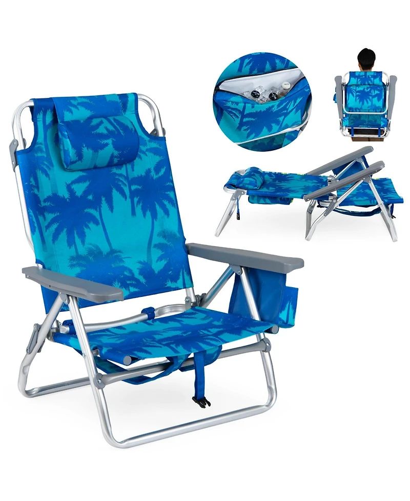 Gymax 2 Pieces Beach Chair 5-Position Outdoor Reclining Chairs w/ Head Pillow and Storage Bag