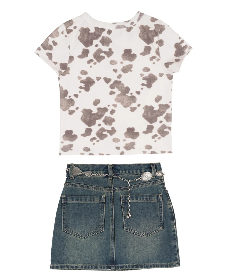Tween Diva Girls' 7-12 Cow Printed Graphic T-Shirt and Denim Skort, 2-Piece Set