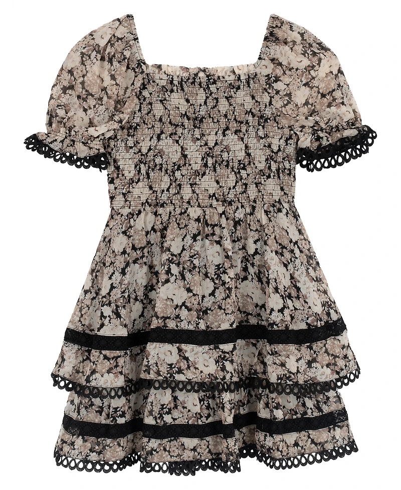 Rare Editions Girls' 7-16 Printed Floral Chiffon Puff Sleeve Smocked Bodice Dress