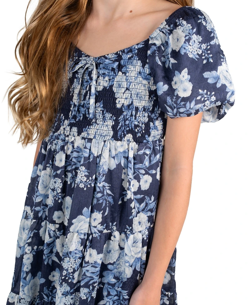 Rare Editions Girls' 7-16 Printed Floral Jacquard Chiffon Smocked Babydoll Dress