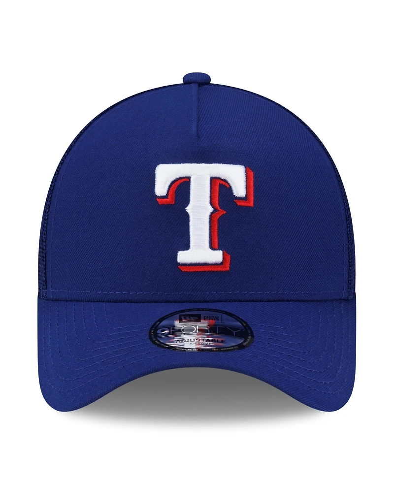 New Era Men's Royal Texas Rangers Side Script 9FORTY A-Frame Trucker Adjustable Hat