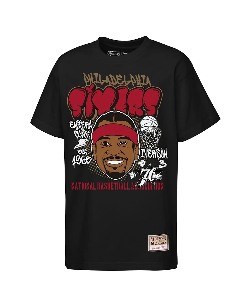 Mitchell & Ness Big Boys and Girls Allen Iverson Black Philadelphia 76ers Headshot T-Shirt