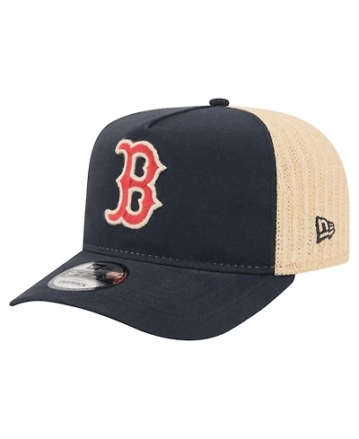 New Era Men's Navy, Natural Boston Red Sox Grained 9FIFTY A-Frame Trucker Adjustable Hat