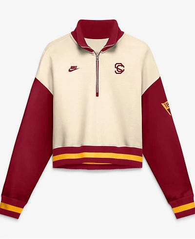 Nike Women's Natural, Cardinal Usc Trojans Oversized Legacy Color Block Cropped Quarter-Zip Pullover