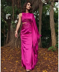 Mac Duggal Women's Charmeuse Kaftan Sleeve Assymetrical Fringe Gown