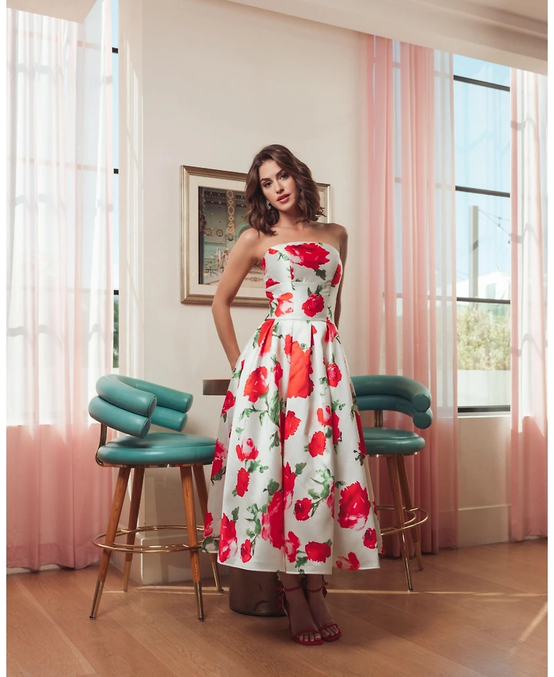 Mac Duggal Women's Strapless Floral Print A-Line Midi Dress