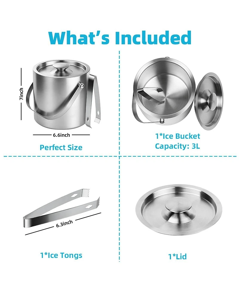 Piscifun Stainless Steel Double Wall Insulated Ice Bucket With Lid Tongs 3L For Parties Home Bar