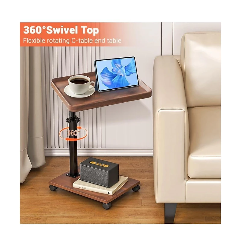 homfan C-Shaped End Table – Adjustable Height 360degree(s) Swivel Tv Tray, Couch Table with Wheels Slides Under Sofa for Eating or Work
