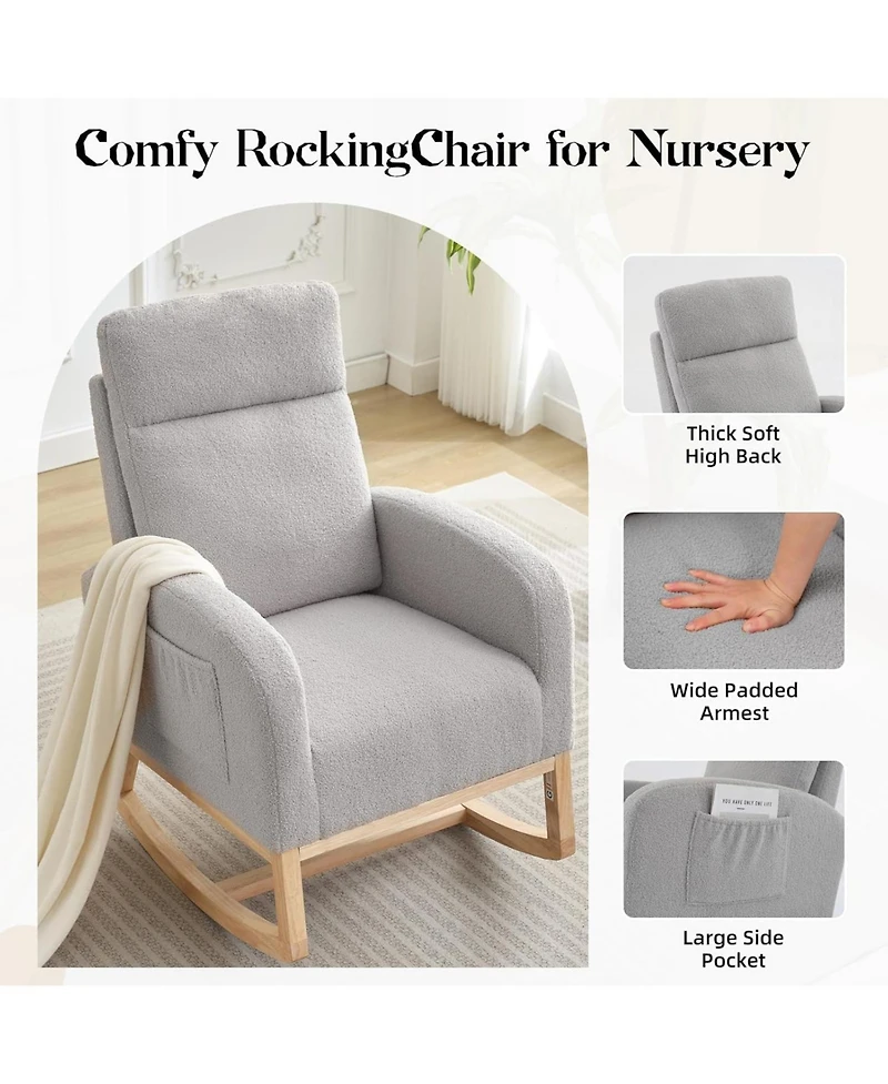 homfan Set of 2 Rocking Chairs, Sherpa Upholstered Glider Recliner with High Back and Rubber Wood Legs for Dining Room or Lounge