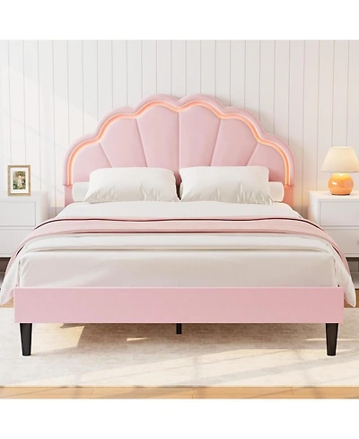 homfan Queen Bed Frame – Velvet Platform Bed with Adjustable Seashell Headboard and Led Light, Under Bed Storage, No Box Spring Needed