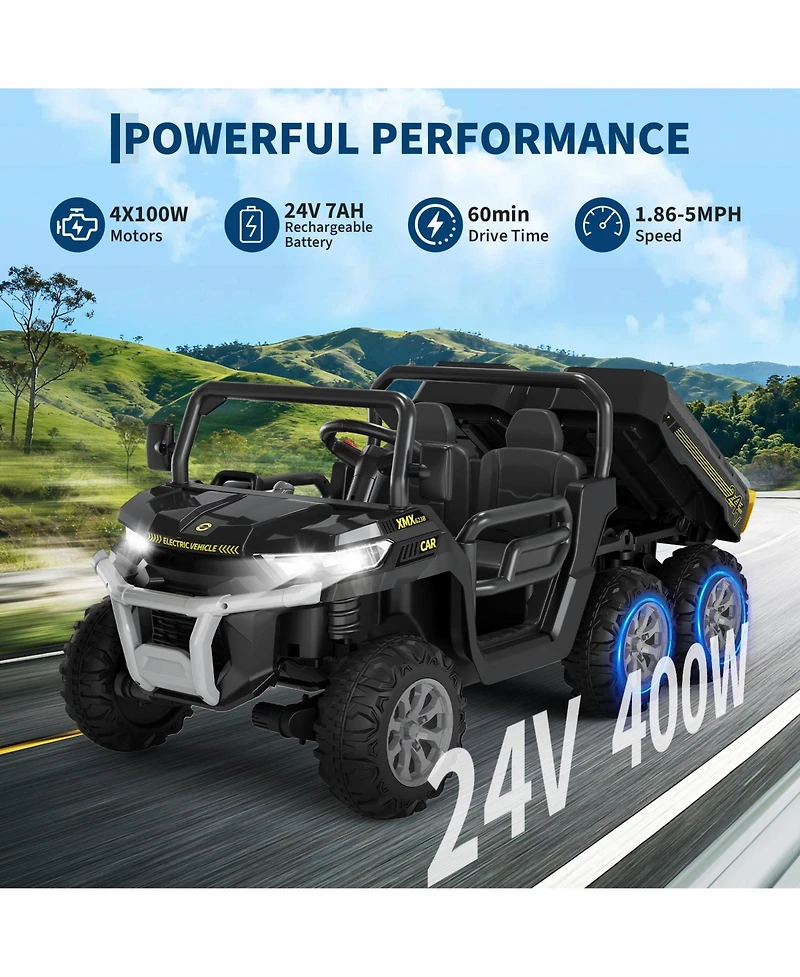 homfan 24V 2 Seater 4WD 6 Wheel Electric Ride On Dump Truck – Utv Car with Remote Control, Bed, Led Lights, MP3, Safety Belt