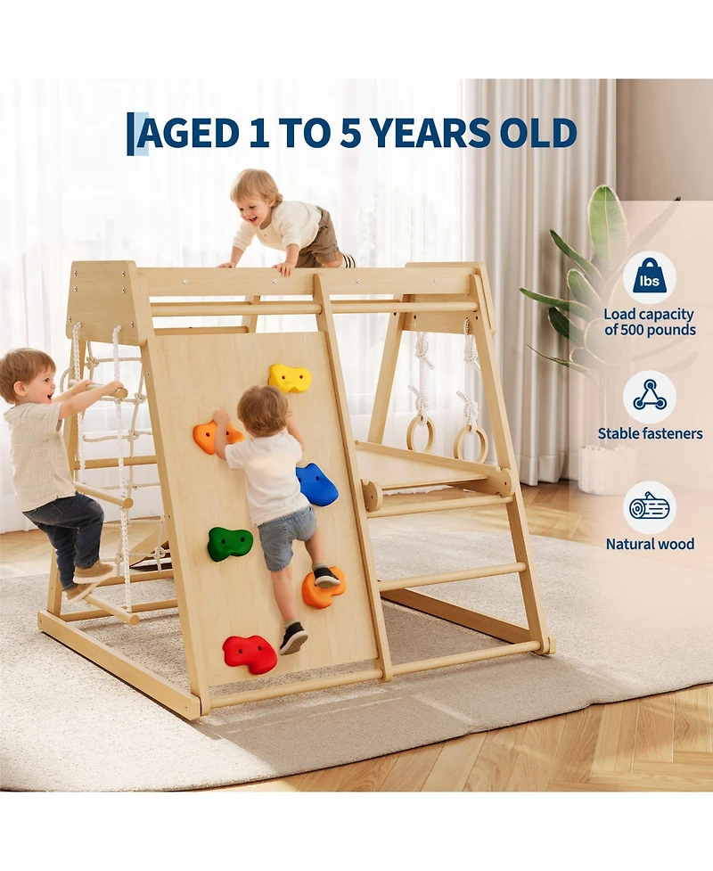 homfan 6 in 1 Wooden Indoor Jungle Gym, Wood Climbing Playset with Slide and Monkey Bars for Kids Ages 1 to 8