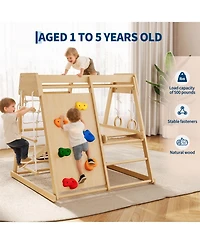 homfan 6 in 1 Wooden Indoor Jungle Gym, Wood Climbing Playset with Slide and Monkey Bars for Kids Ages 1 to 8