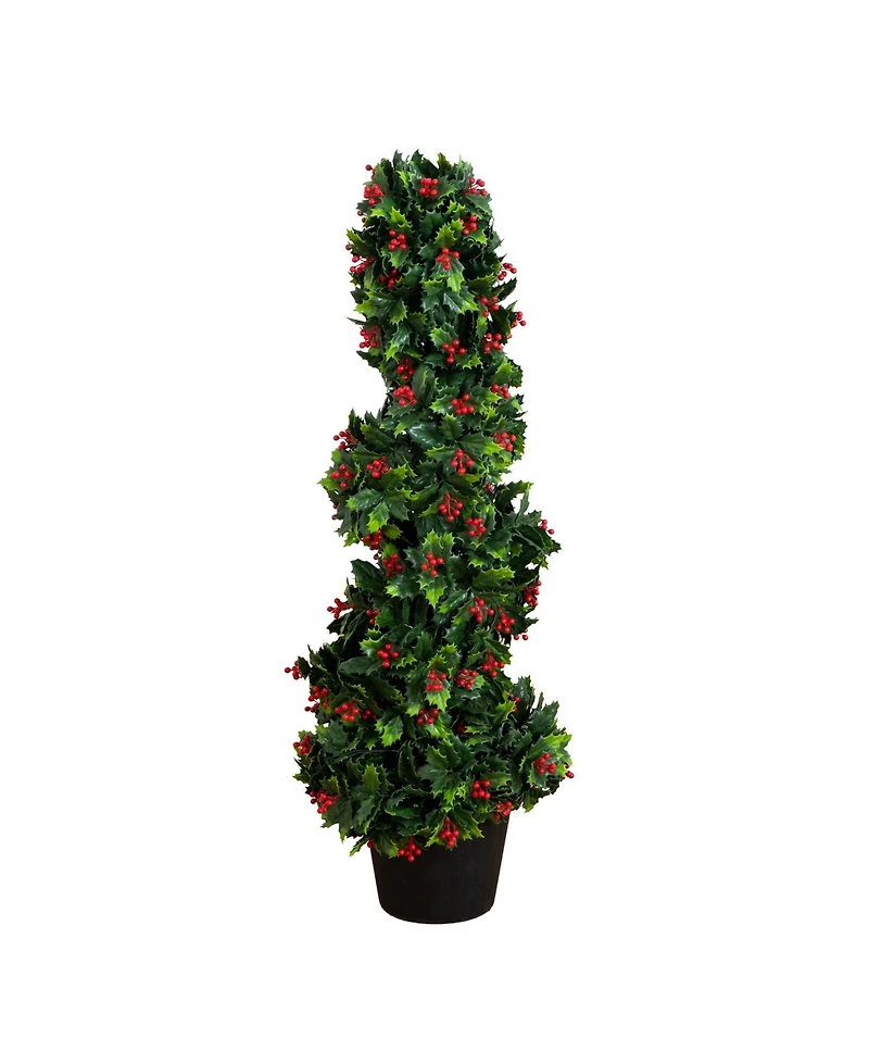 Nearly Natural 3' Ultraviolet Resistant Pre-Lit Artificial Holly Berry Christmas Spiral Tree