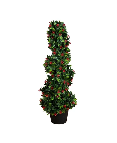 Nearly Natural 3' Ultraviolet Resistant Pre-Lit Artificial Holly Berry Christmas Spiral Tree