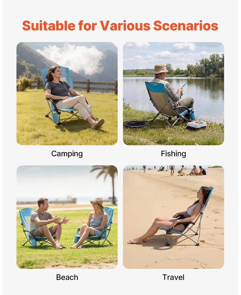 Mecale Folding Beach Chair High Back 330 lbs with Mesh Back and Carry Bag