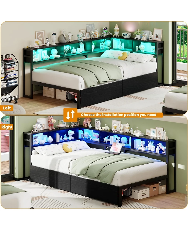 homfan Twin Daybed Frame with Corner Design – Storage Shelf and Drawers, Bookcase Headboard, Charging Station Led Light, Metal Platform Sofa Bed
